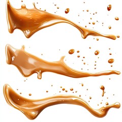 A collection of realistic drops and streams of caramel isolated on a white background