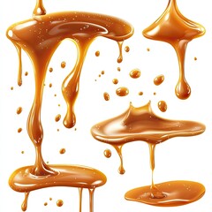 A collection of realistic drops and streams of caramel isolated on a white background