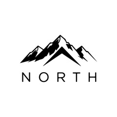 Minimalist black and white mountain range logo with the word north below