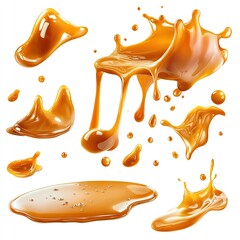 A collection of realistic drops and streams of caramel isolated on a white background