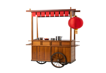 Traditional wooden street vendor cart with red lantern and canopy, isolated on a transparent background