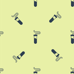 Blue Test tube and flask chemical laboratory test icon isolated seamless pattern on yellow background. Laboratory glassware sign. Vector
