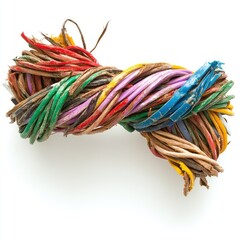 A colorful, broken wire with two parts, one of which is completely destroyed and the other half wrapped in wires on a white background.
