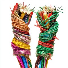 A colorful, broken wire with two parts, one of which is completely destroyed and the other half wrapped in wires on a white background.