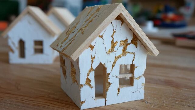 307Tiny model home showing visible cracks and leaning walls, resting on a smooth wood surface, roof panels misaligned to emphasize construction defects