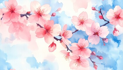 Watercolor Cherry Blossom Illustration with Pink Flowers and Blue Sky Wash