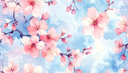 Watercolor Cherry Blossom Illustration with Pink Flowers and Blue Sky Wash