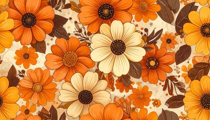 Retro Floral Pattern with Orange, Yellow, and Cream Blooms on Brown Background