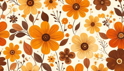 Retro Floral Pattern with Orange, Yellow, and Cream Blooms on Brown Background