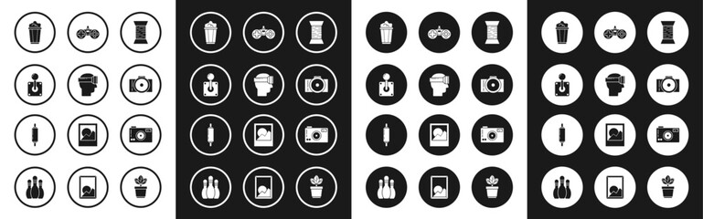 Set Sewing thread on spool, Virtual reality glasses, Joystick for arcade machine, Popcorn cardboard box, Photo camera, Gamepad, and Rolling pin icon. Vector