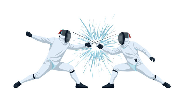Fencing sport duel concept with two competitors engaging in intense combat action