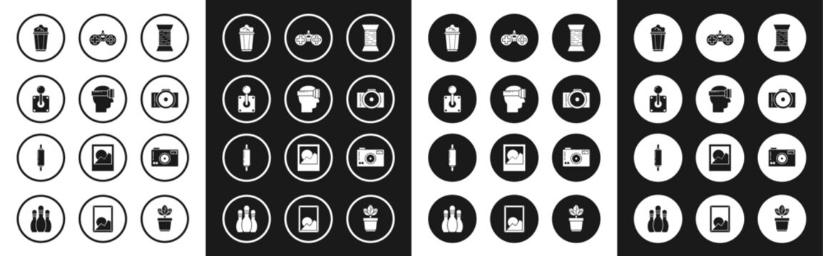 Set Sewing thread on spool, Virtual reality glasses, Joystick for arcade machine, Popcorn cardboard box, Photo camera, Gamepad, and Rolling pin icon. Vector