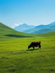 Fototapeta premium Serenity of a Cow Grazing on Green Pasture Under Blue Sky