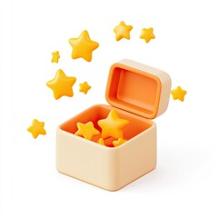 A cute clay icon of an open box with yellow stars flying out, on a white background