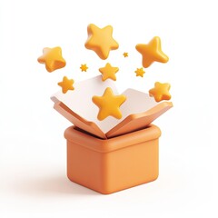 A cute clay icon of an open box with yellow stars flying out, on a white background