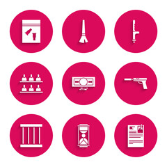 Set Stacks paper money cash, Old hourglass with sand, Lawsuit, Pistol or gun silencer, Prison window, Jurors, Police rubber baton and Evidence bag bullet icon. Vector