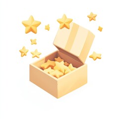 A cute clay icon of an open box with yellow stars flying out, on a white background