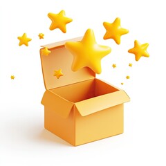 A cute clay icon of an open box with yellow stars flying out, on a white background