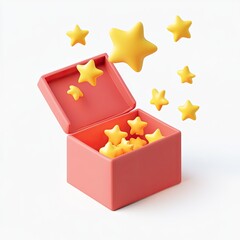A cute clay icon of an open box with yellow stars flying out, on a white background