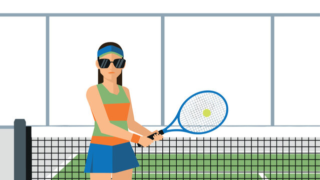 Female tennis player in action on court with racket and ball - sports vector illustration for posters and prints - Powered by Adobe