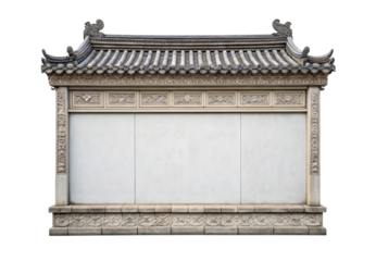 Traditional Chinese temple wall with ornate carved roof and blank panels, isolated on a transparent background