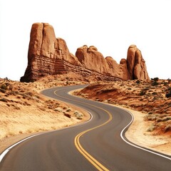 A desert highway with rock formations, isolated on a white background.