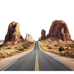 A desert highway with rock formations, isolated on a white background.