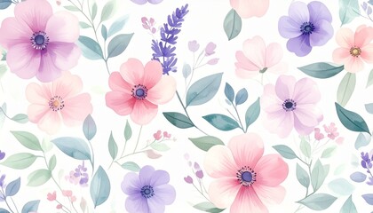 Watercolor Floral Pattern with Pastel Blooms and Leaves on White Background