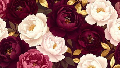 Elegant Peony Floral Pattern with Burgundy, Pink, and Gold Accents