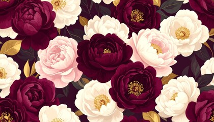 Elegant Peony Floral Pattern with Burgundy, Pink, and Gold Accents