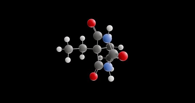 Barbital molecule, rotating 3D model of barbiturate, looped video on a black background
