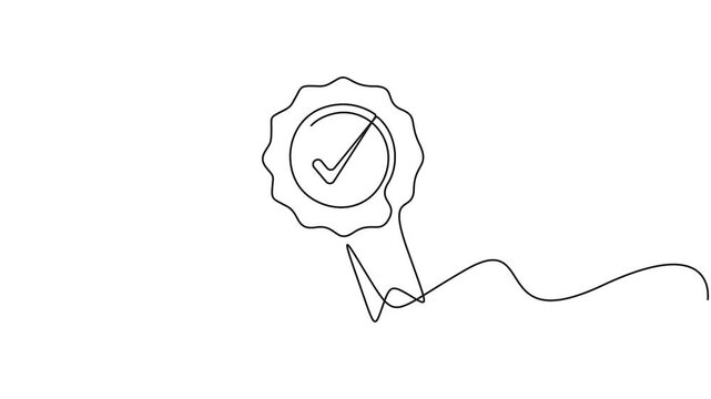 Self animated single continuous line drawing of an award or approval badge. Full length one line drawing animation