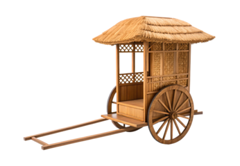 Traditional thatched-roof wooden cart with bamboo lattice walls and spoke wheels, isolated on a transparent background