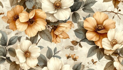 Vintage Floral Pattern with Cream and Orange Blooms on Textured Background