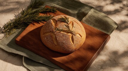 Freshly baked round bread with a golden crust, garnished with rosemary, placed on a wooden cutting board with a green cloth underneath.