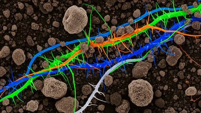 Vibrant micrograph showing plant root hairs extending into soil for nutrient and water absorption.