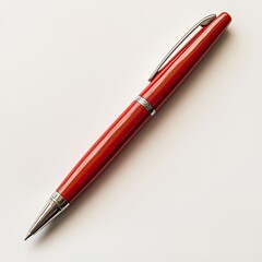 A detailed, high-resolution, professional photograph of a red pen isolated on a white background.