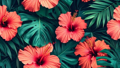 Tropical Hibiscus Floral Arrangement with Palm and Monstera Leaves
