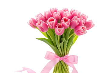 Obraz premium A beautiful bouquet of pink tulips tied with a pink ribbon, isolated on transparent background