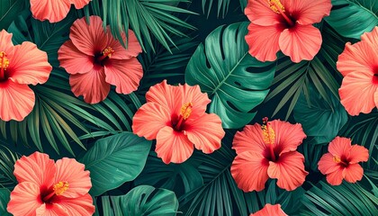 Tropical Hibiscus Floral Arrangement with Palm and Monstera Leaves