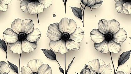 Black and White Floral Pattern with Long-Stemmed Blooms on Beige Background