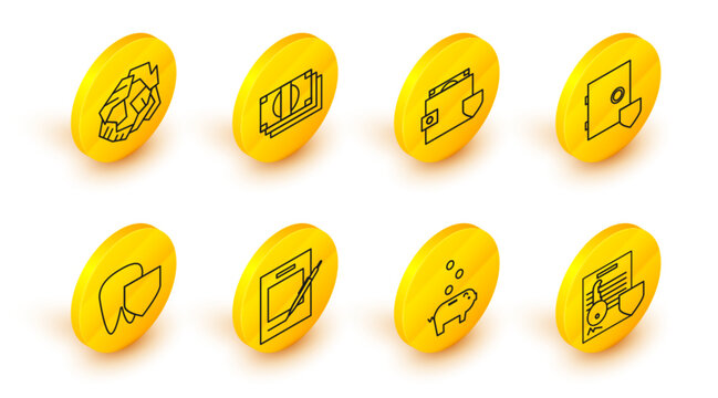 Set line Document with key with shield, Piggy bank coin, Blank notebook and pen, Tooth, Safe, Wallet money, Stacks paper cash and Crumpled ball icon. Vector