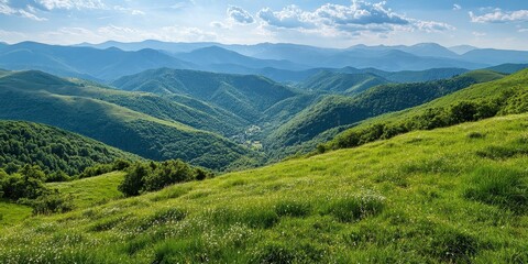 Fototapeta premium Serene Mountain Landscape with Lush Green Hills and Blue Sky