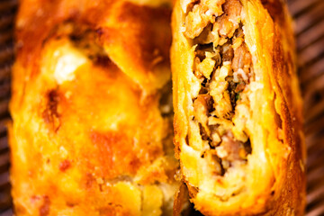 Chinese traditional snack meat patties placed in bamboo baskets