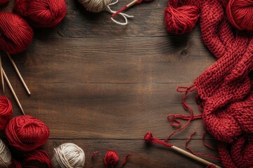 Cozy Knitting Scene with Yarn Balls and Needles on Wooden Background