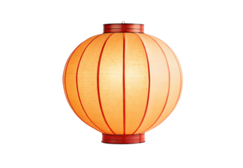 Orange Chinese paper lantern with red vertical stripes and decorative frame, isolated on a transparent background