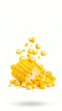 Fresh yellow corn cob with kernels falling around on a white background, vibrant and healthy produce