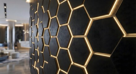 Luxury interior background featuring black hexagonal wall panels with gold lighting suitable for architectural presentations. This three dimensional render shows modern texture and elegant design.