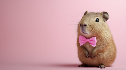 Cute capybara wearing pink bow tie on soft pink background with space for text. Funny banner for holiday greetings, invitations, promotions