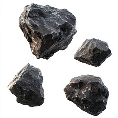 Obraz premium A group of black rocks floating in the air, isolated on a white background